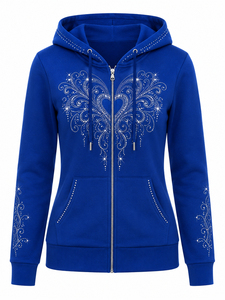 Sweat-shirt à capuche pour femme avec strass, manches longues, décontracté, avec cordon de serrage et poche avant - Product Image 1