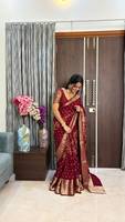 Saree Sutra Tradisional Wanita India Warna Maroon dengan Hiasan Zari Emas, Panjang Lantai, Pakaian Pernikahan, Cocok untuk Semua Musim, Ukuran Reguler