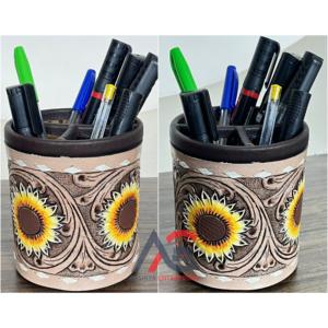 Support de stylos et crayons rond en cuir de vache véritable fait main, style western, gravé à la main, organisateur de bureau, rangement de papeterie – Vente en gros - Product Image 1