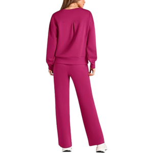 Women Plus Size Solid <b>Pink</b> Casual <b>Tracksuit</b> Crew Neck Sweatshirt With Drawstring Pants Full Length Loose Fit Fall Sweatsuits - Product Image 6
