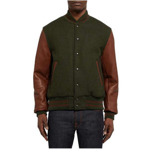 Veste varsity en laine pour homme Avirrex, vert Avirrex avec manches en cuir marron, col rabattu, simple boutonnage, vêtement décontracté pour l'automne - Product Image 3