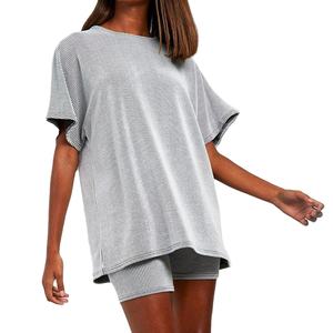 Logo personnalisé pour femmes 2 pièces en coton col rond à manches courtes vêtements de détente couleur unie moulante élastique côtelé T-Shirt genou décontracté - Product Image 1