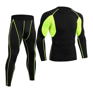 Men's Black <b>Neon</b> <b>Green</b> Compression Set Long Sleeve Crew Neck Full Length Quick Dry Breathable Sporty Fitness Wear - Product Image 2
