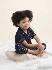 Conjunto de Pijama de Algodón Azul Marino para Niños, Camiseta de Manga Corta Suave con Estampado, Ropa de Dormir Cómoda para Niños - Product Image 5