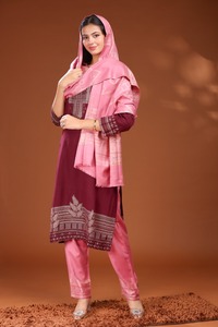 Pink Wool Winter <b>Wedding</b> Party Embroidered Dupattas <b>Shawl</b> Set Indian Pakistani Traditional Women's Outfit - Product Image 5