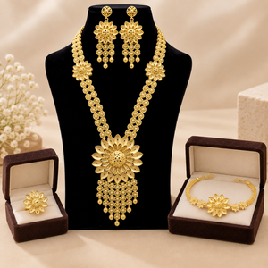 Radiant <b>Sunflower</b> Long Necklace Set | 24K Gold Plated Floral Jewelry Earrings Bracelet <b>Ring</b> | Engagement Wedding Party Women's - Product Image 1