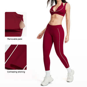 Women Three Piece Activewear Set Wine <b>Red</b> Stretch <b>Sports</b> <b>Bra</b> Shorts And Leggings Casual Fitness Wear Slim Fit - Product Image 3