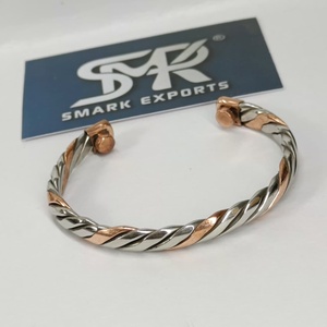 Trendy Metal Craft Magnetic Copper Cuff Bracelet Twisted Two Tone Design Adjustable Open <b>Bangle</b> Handmade - Product Image 1