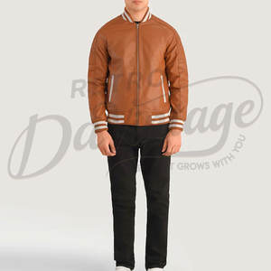 Chaqueta Bomber de Cuero Genuino Marrón para Hombre con Mangas Acolchadas en Forma de Panal y Puños Acanalados a Rayas, Corte Ajustado - Product Image 4