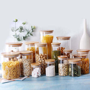 Glass <b>Food</b> Storage <b>Jars</b> with Wooden Lids for Cereals Grains Lentils Snacks Cookies Dry Fruits and Pantry Essentials - Product Image 1