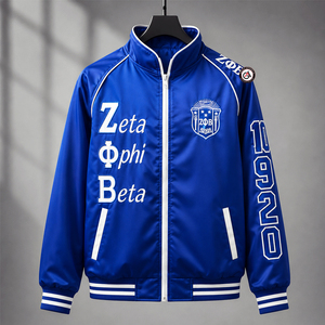 Veste universitaire d'hiver bleue brodée pour femmes de la sororité Zeta Phi Beta, pour adultes, avec fermeture éclair et bordure contrastée - Product Image 1