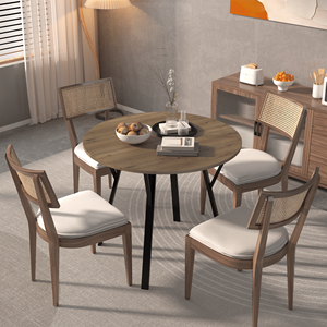 Modern 35.43 Inch <b>Round</b> Dining <b>Table</b> <b>Small</b> Kitchen <b>Table</b> with Metal Black Legs for 2-4 People Brown Finish for the Dining Room - Product Image 2