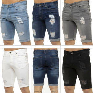 Shorts en jean bleu-noir personnalisés pour homme, style streetwear déchiré, coupe skinny, avec poches, pour l'été - Product Image 1