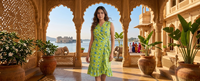 Robe Angrakha à imprimé floral vert, écologique, sans manches, col en V, bretelles, volants superposés, coton, faite à la main, style bohème
