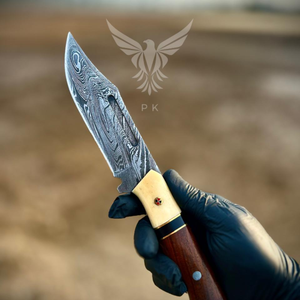 Cuchillo de caza hecho a mano de acero de Damasco con mango de palisandro y hueso, hoja con patrón personalizado, cuchillo premium para camping al aire libre. - Product Image 5