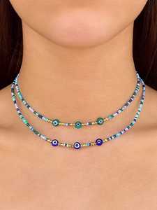 สร้อยคอเม็ดลูกปัดสีชมพูนีออนสีเขียวแบบซ้อนชั้นสำหรับผู้หญิง สร้อยคอแบบโชคเกอร์สำหรับฤดูร้อน ชายหาด เครื่องประดับลำลองสำหรับวันหยุด สร้อยคอแบบโซ่ - Product Image 3