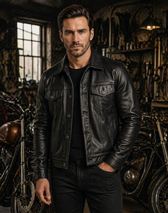 Veste en cuir véritable noire pour homme, col rabattu, fermeture à boutons, coupe ajustée, style motard, imperméable et respirante pour l'hiver - Product Image 1