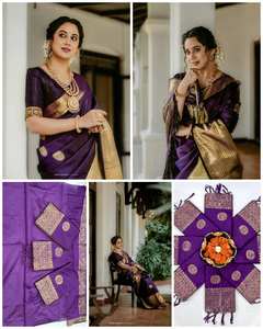 Sari de Seda Suave Morado con Borde de Zari Dorado, Estilo Kanchipuram, para Bodas Tradicionales Indias, Invierno, Sin Arrugas, Protección Solar - Product Image 4