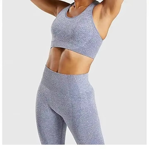 Women Yoga Set Solid Color Racerback <b>Crop</b> Top High Waist Full Length <b>Leggings</b> Seamless Spandex Polyester - Product Image 3
