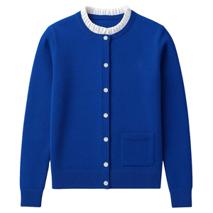 High Demand <b>Royal</b> <b>Blue</b> <b>Women</b>’s Knit <b>Cardigan</b> Sweater White Ruffle Collar Embroidered Cotton Letter Button-Up Breathable - Product Image 1