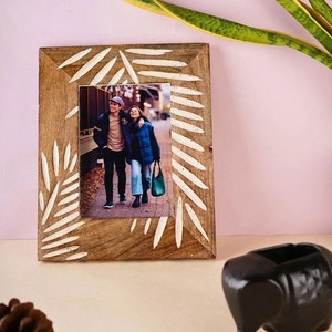 Wood Photo <b>Frame</b> Rectangular 4x6 Inch Rustic Handmade Tabletop Decor with Leaf Pattern White Embossing Printing - Product Image 3