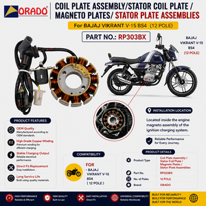 Conjunto de placa de bobina de estator de 12 polos Bajaj Vikrant V15 BS4, calidad de exportación para repuestos de motocicletas, India, Orado - Product Image 5