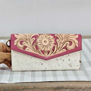 Western Style Handcrafted Tooled Leather Wristlet <b>Wallet</b> For Women Genuine Cowhide Leather Multiple Compartments Clutch Purse - Product Image 1
