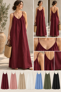 Robe longue décontractée en coton uni bordeaux à col en V et bretelles spaghetti, taille naturelle, très demandée pour les vacances, commande en gros - Product Image 3