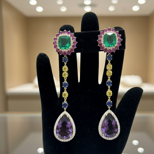 6 Inch Blue Amethyst <b>Cushion</b> <b>Round</b> Earrings with CZ 925 Sterling Silver 18K Gold Plated Statement Jewelry Party Wear - Product Image 3