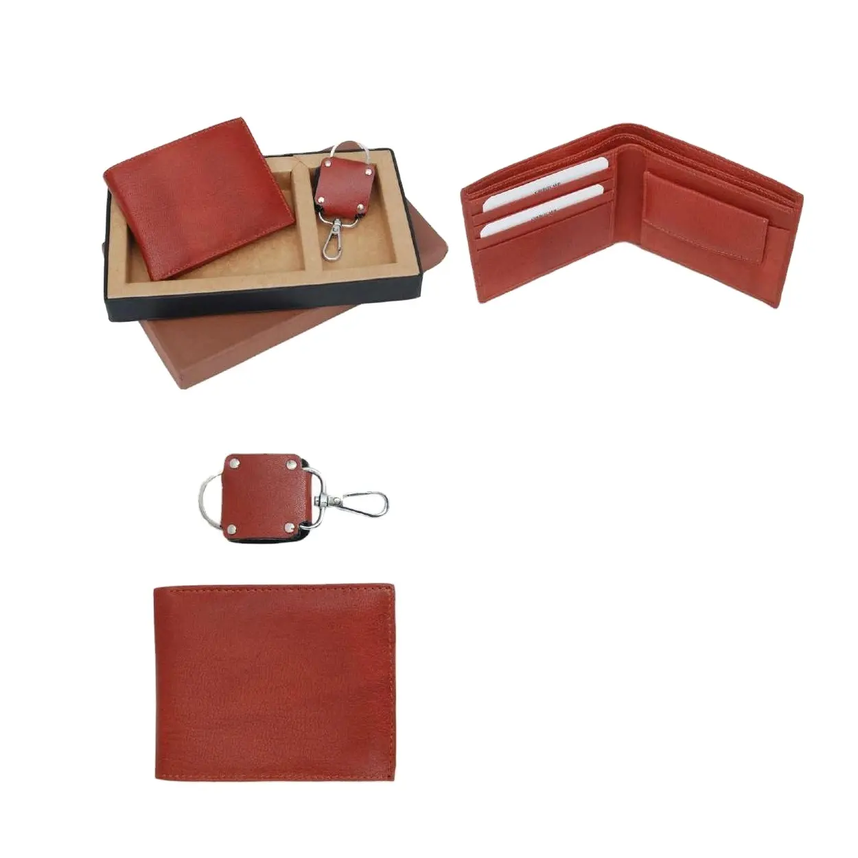 Özelleştirilmiş tasarım kahverengi deri Gents cüzdan anahtarlık kutusu hediye seti deri cüzdan seti kurumsal hediye seti yılbaşı hediyeleri