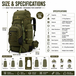 Sac à dos unisexe personnalisé en gros, 56-76L, en nylon imperméable, camouflage, pour la randonnée - Product Image 4