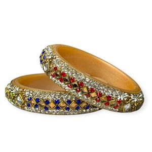 <b>Hot</b> Selling <b>Red</b> Blue Stones Acrylic Bangle Set Pearl Border Gold Plated Trendy Wedding Women's Festive Wear Wholesale Price - Product Image 2