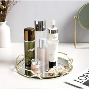 Luxury <b>Mirror</b> Tray Abstract Border Design Metal Trays For <b>Tabletop</b> Use Handicrafts Women's Cosmetic Organizer Fancy Tray Round - Product Image 3