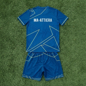 Ensemble d'uniformes de football personnalisés bleu marine géométriques respirants 100% polyester, maillot de football à manches courtes et short - Product Image 5