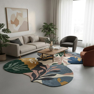 Alfombra de Lana de Nueva Zelanda Hecha a Mano por Diseñadores, Forma Orgánica Abstracta de Hoja, Base de Látex, Regalo de Año Nuevo - Product Image 1