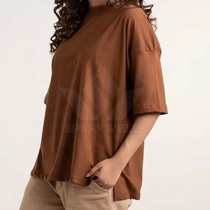 เสื้อยืดโอเวอร์ไซส์สีน้ำตาลล้วน คอกลม แขนครึ่งตัว ผ้าฝ้าย ทรงหลวม สไตล์ลำลอง สตรีทแวร์ สำหรับฤดูร้อน - Product Image 2