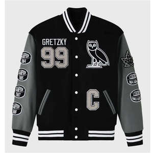 Chaqueta Bomber Universitaria Gretzky OVO Great One Letterman Vintage con Cierre Completo, Cuerpo de Lana, Mangas de Cuero Genuino, Talla Grande, Tejida - Product Image 4