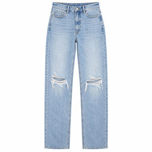 Jeans déchirés à taille haute pour femme RavTin International, coupe droite, bleu clair, denim délavé, décontracté, longueur intégrale, printemps, 140g - Product Image 1