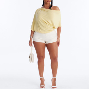 Custom Sexy Off The Shoulder Bodysuit Women Yellow Solid Color Stretch Knitted One Piece Swimwear Summer Casual Loose Fit Top - Product Image 5