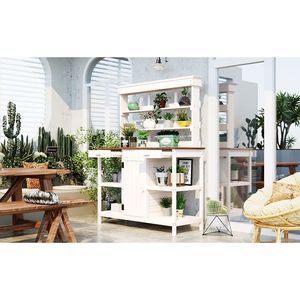 TOPMAX 66 \ "grande postazione di lavoro giardino fattoria bianca all'aperto panca in legno panca 2 cassetti armadio scaffali aperti di stoccaggio - Product Image 1
