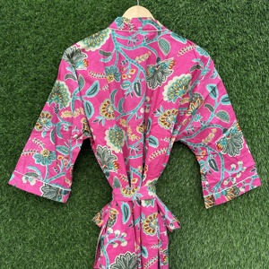 Bata Kimono de Algodón con Estampado Floral Rosa, Manga Larga, Cuello en V, para Mujer, Tallas Grandes, para Playa o Resort, Verano - Product Image 2