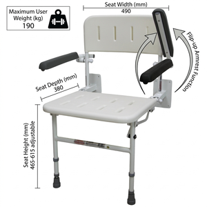 Asiento de ducha plegable para montar en la pared con brazos, respaldo y asiento plegables, altura ajustable para personas mayores y discapacitadas - Product Image 4