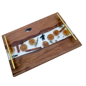Rustic Wooden Serving Tray With Gold Handles And Dried Citrus Inlay Rectangle Handmade Tableware <b>For</b> Living Room Decor - Product Image 1