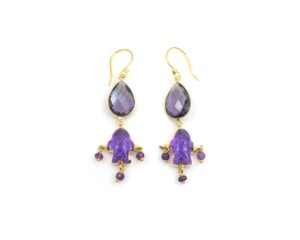 Boucles d'oreilles créoles en améthyste plaqué or 18 carats, style vintage, pour mariage et usage quotidien, forme perle, sertissage clos - Product Image 2