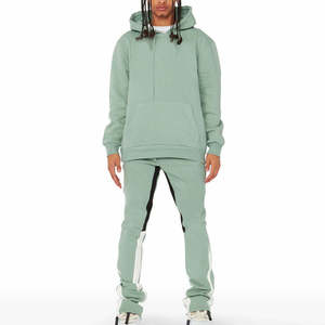 Ensemble de survêtement streetwear vert pour homme, comprenant un sweat à capuche délavé à impression en relief XXL et un pantalon de jogging empilé à bas évasé, vente en gros - Product Image 6