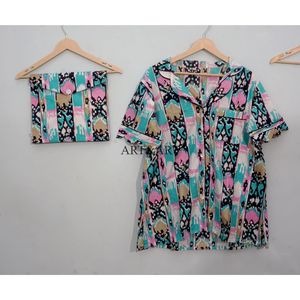 Conjunto de Pijama de Verano 100% Algodón Puro, Elegante y Clásico, con Estampado a Mano, Pantalones Cortos Tipo Canguro con Bolsillos, Suave y Transpirable - Product Image 2