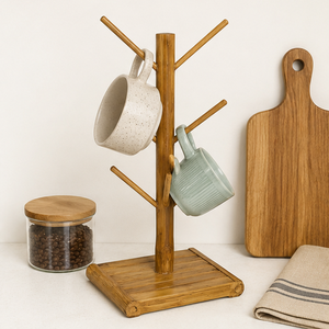 Wholesale Sustainable Bamboo Coffee Mug <b>Stand</b> with <b>Weighted</b> Base 6-Hook Vertical Wooden Cup Tree Dryer And Coffee Bar Station - Product Image 2