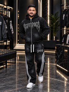 Ensemble de survêtement personnalisé pour homme, style streetwear, avec sweat à capuche zippé effet délavé soleil et pantalon de survêtement délavé à strass, coupe oversize, deux pièces, marque privée - Product Image 2