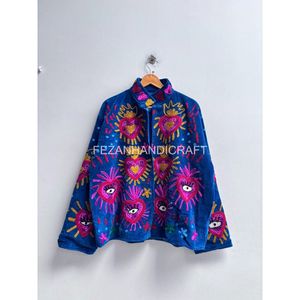 Blouson en velours brodé pour femme, bleu, manches longues, col montant, tenue d'automne, motif artisanal - Product Image 4