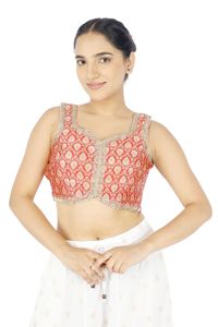 Blusa Corta sin Mangas con Cuello en V de Brocado Rojo Sólido, Blusa Tradicional para Mujer para Fiestas y Festivales - Product Image 1